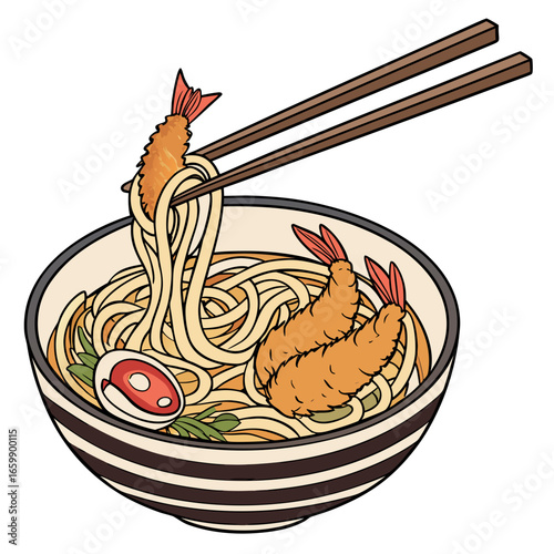 Bowl of udon noodle soup with tempura shrimp and other ingredients