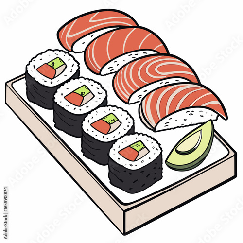 Delicious sushi set with salmon and avocado