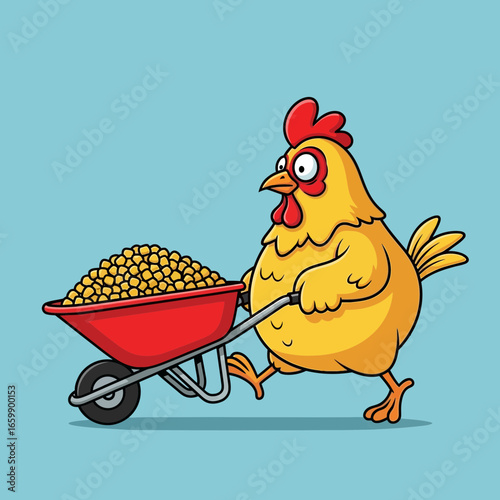 Cartoon chicken pushing a wheelbarrow full of grain.