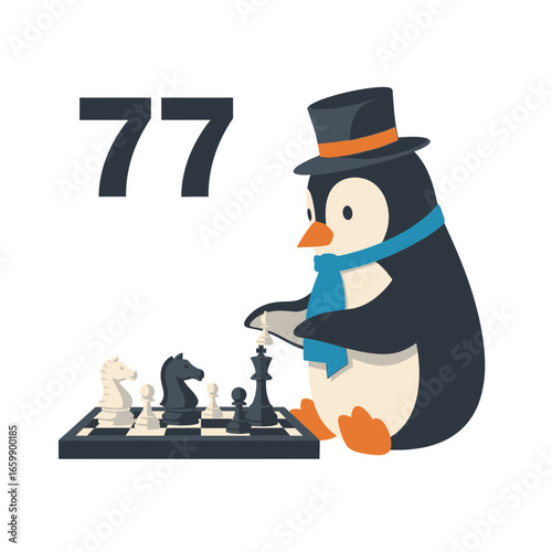 Penguin playing chess with a top hat and scarf.