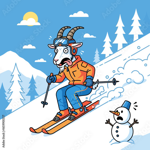 Goat skiing down a snowy mountain with a scared snowman.