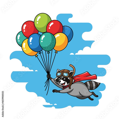 Raccoon flying with colorful balloons against a cloudy sky.