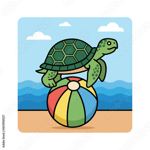 Turtle balances on a colorful beach ball on a sandy shore.