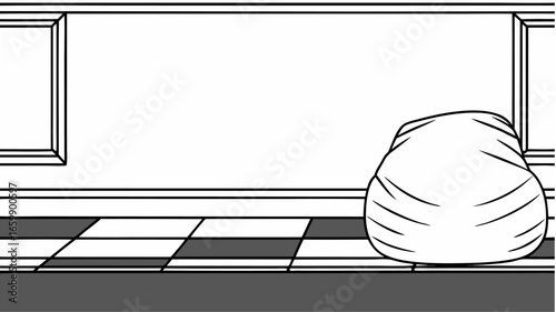 Interior illustration with a beanbag chair next to a window and checkered floor with simple line art |  editable eps vectors silhouette