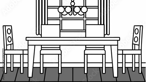 A dining room interior with a table chairs chandelier and window with curtains line drawing style image |  editable eps vectors silhouette