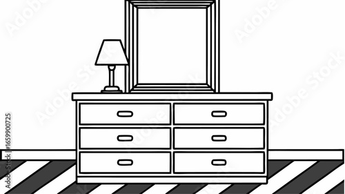 Illustration of a dresser with six drawers a lamp and a mirror in a room with striped flooring |  editable eps vectors silhouette