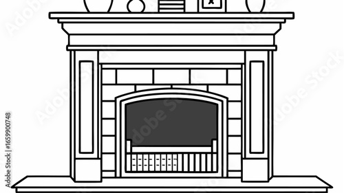 Illustration of a fireplace with a mantel and decorative objects on top in black and white style |  editable eps vectors silhouette