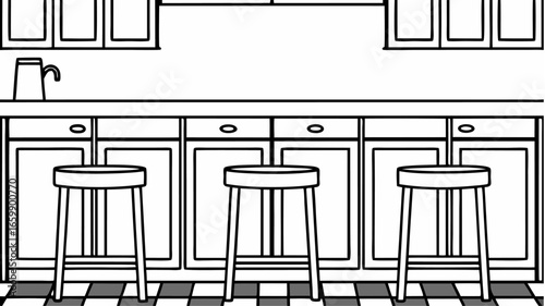 Illustration depicting a kitchen counter with stools and cabinets in a black and white outline style |  editable eps vectors silhouette