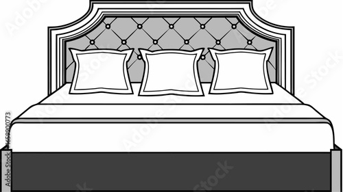 Illustration of a bed with a tufted headboard and three pillows in a black and white drawing style |  editable eps vectors silhouette