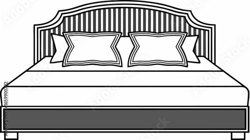 Illustration of a bed with striped headboard and two pillows in a simple black and white style |  editable eps vectors silhouette