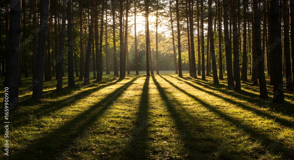 Obraz premium Converging shadows in a forest clearing imply an unseen presence, a powerful metaphor for a hidden influence and a missing leader