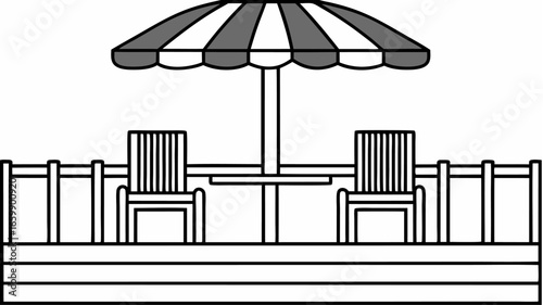 Illustration of a patio with two chairs a table a railing and an umbrella in black and white style |  editable eps vectors silhouette