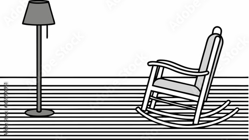 Illustration showing a floor lamp and a rocking chair on a striped floor against a white background wall |  editable eps vectors silhouette