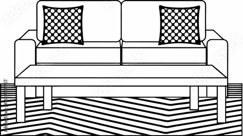 Illustration of a couch with two patterned pillows and a coffee table on a striped rug design |  editable eps vectors silhouette