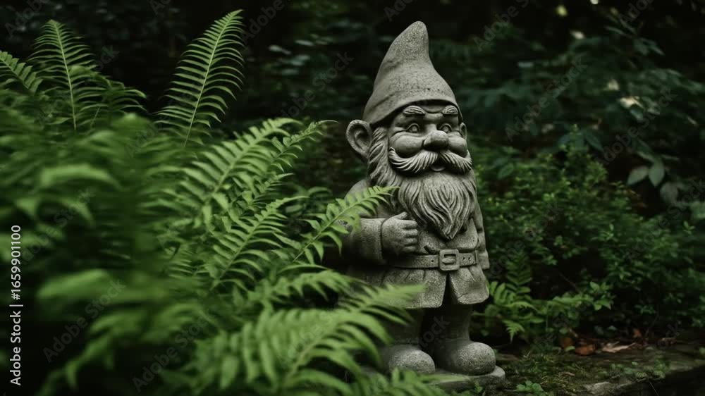Stone gnome statue amidst ferns in a garden setting Stone gnome statue amidst ferns in a garden setting