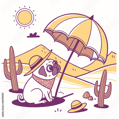Creative SVG: Shy Pug with under an umbrella in a Sundown Glow colored Desert sunset theme