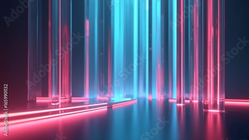 Neon lit futuristic background with pink blue glowing lines and copy space for text, ideal for tech marketing campaigns, website hero image, or corporate presentation backdrop with modern design