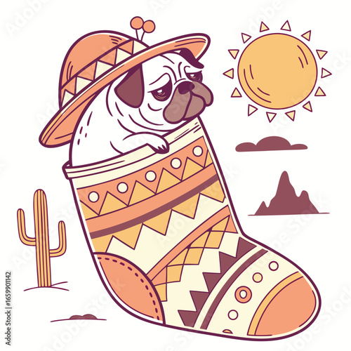 Whimsical Pug feeling Dreamy in a Desert sunset setting with snuggled in a sock – colored in Sundown Glow
