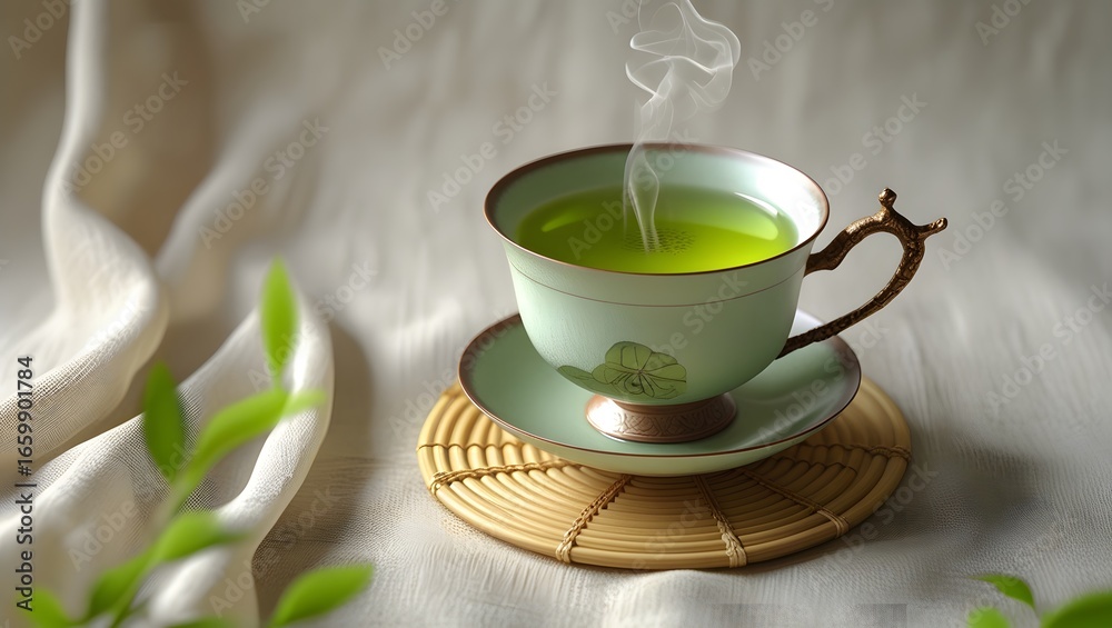 Fototapeta premium Steaming Green Tea in Ceramic Cup Still Life