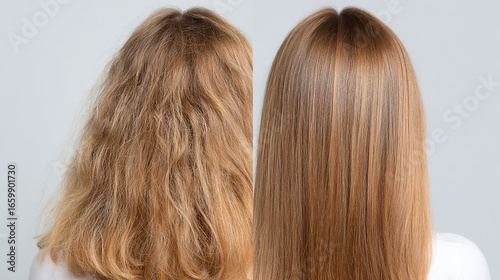 a side by side comparison showing half frizzy and half straightened brown hair on a woman’s back