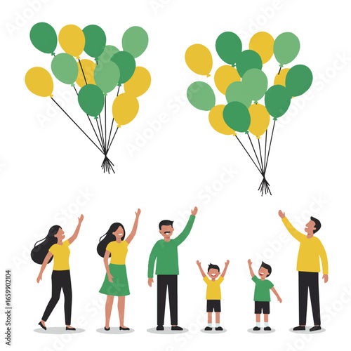 Illustration of a diverse family celebrating Brazil Independence Day with green and yellow balloons