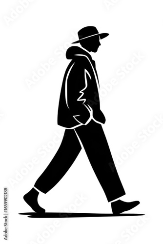 Stylish silhouette of a man walking with confidence and purpose wearing a hat and jacket