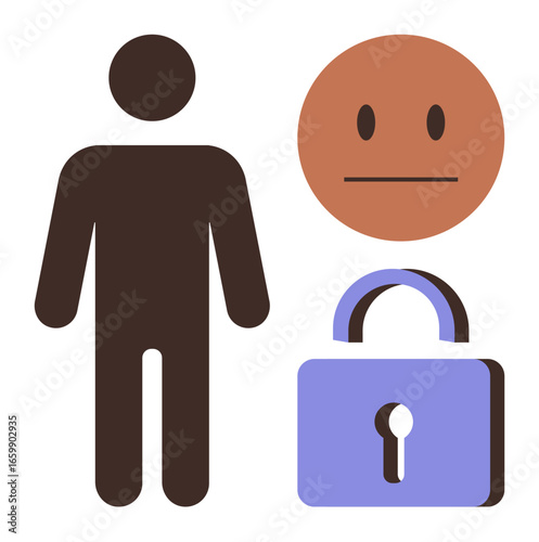 Brown human figure next to neutral face and closed padlock highlighting themes of privacy, emotion, security. Ideal for privacy policy, mental health, identity, emotion, safety, social concerns