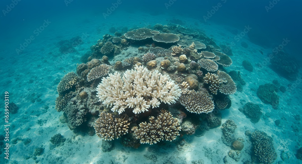 Fototapeta premium A vibrant coral reef is slowly bleached by a hidden heat source, a powerful metaphor for a subtle, creeping crisis, environmental damage, and an unseen threat