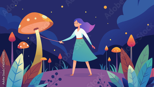 Fantasy illustration of a girl touching a glowing mushroom in a magical forest at night