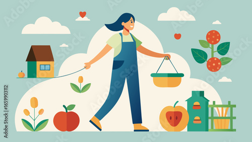 Woman harvesting fruits in a garden with basket, surrounded by plants, house and apples in flat cartoon style