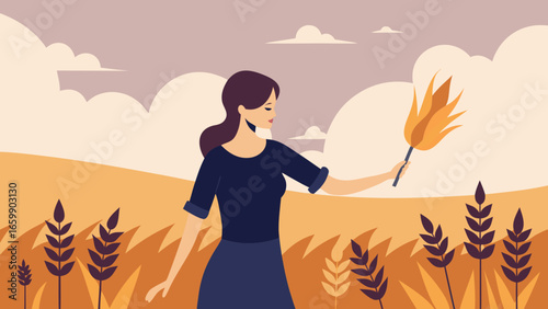 Woman standing in a wheat field holding an ear of wheat on a cloudy day in flat illustration style