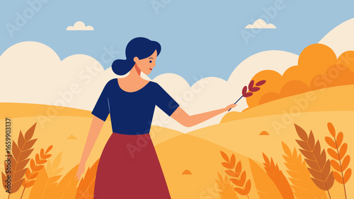 Woman holding a wheat ear while standing in a golden field under a bright blue sky in flat cartoon style