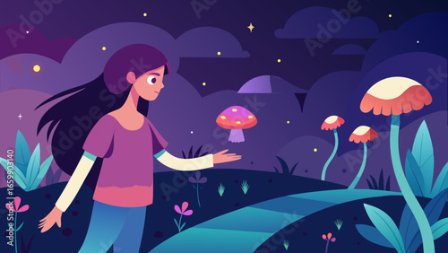 Girl walking along a magical glowing path in a fantasy forest with mushrooms and stars at night