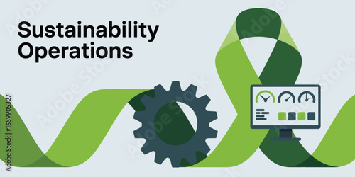 Illustration of sustainability operations with gear, ribbon, and dashboard indicators depicted clearly