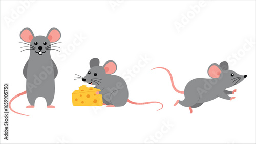 Three cartoon mice in different poses standing, eating cheese, and running