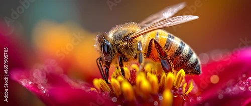 Anamorphic video honeybee collecting pollen from a vibrant purple flower