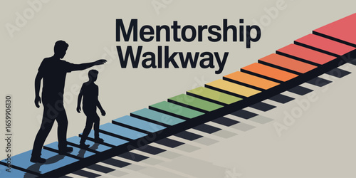 A mentorship walkway illustration showing a mentor guiding a mentee up a colorful staircase walkway