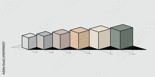A row of seven cubes increasing in size with different color gradients on a light gray background