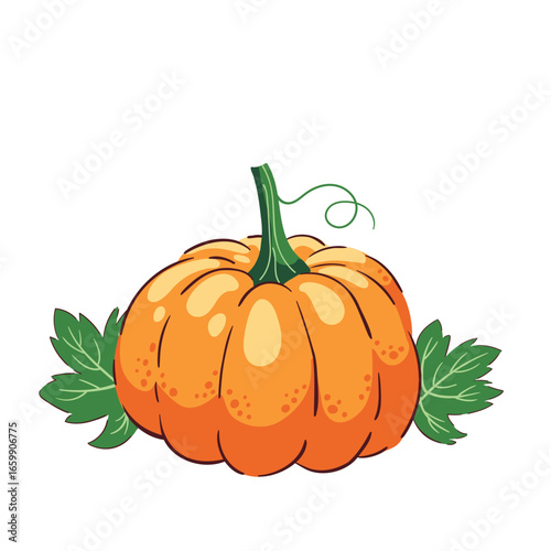 A round orange pumpkin with leaves. Autumn clipart, hand-drawn illustration in flat doodle style