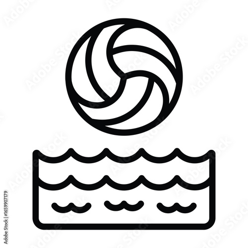 Black line illustration of water polo ball with wave pattern, minimal design for aquatic sport, swimming competition, and water games themes.