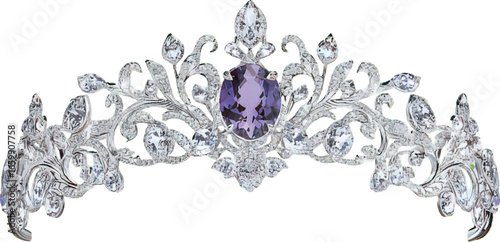 Elaborate silver tiara with a large oval purple gemstone and intricate diamond detailing crown