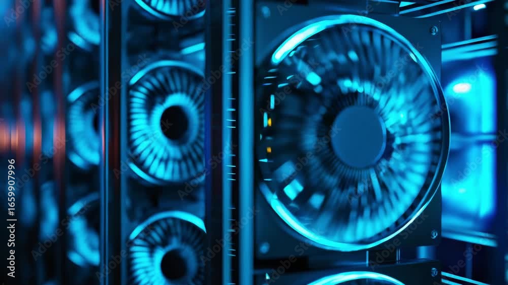Large cooling fans spin rapidly in a cryptocurrency mining facility, ensuring optimal temperature in an ongoing operation