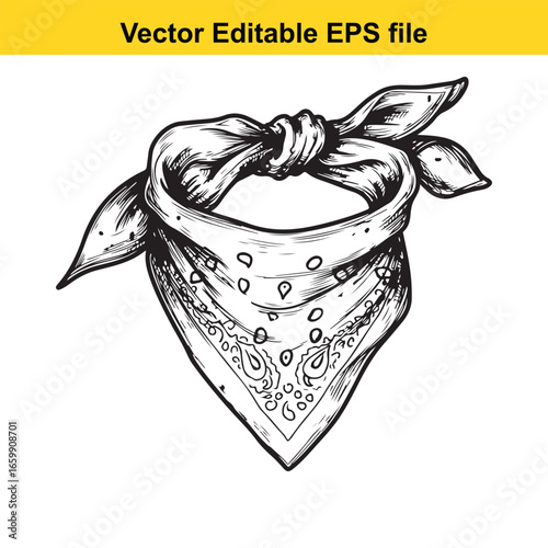 Handdrawn illustration of a paisley bandana tied in a knot, isolated on white background