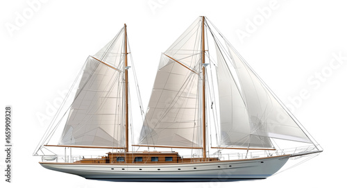 A modern wooden sailboat with two masts and three sails on the front, against a white background,