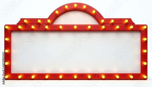 Retro red marquee sign with illuminated bulbs. Features blank white panel for text, framed by glowing yellow lights. Ideal for cinema, casino, event announcements, evoking Vegas nightlife, classic