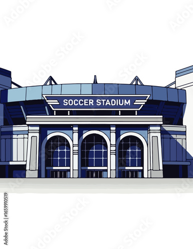 Dynamic vector illustration of a grand modern soccer stadium, showcasing its impressive architectural design and the readiness for major sporting events and vibrant crowd gatherings.