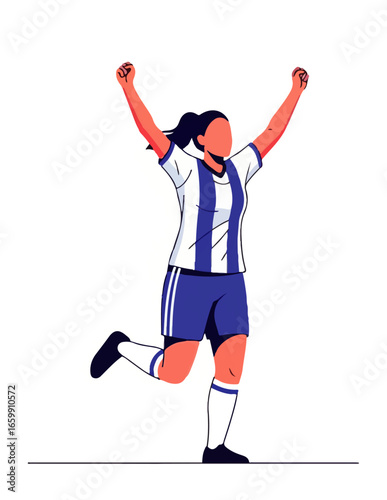 Dynamic illustration of a jubilant female soccer player celebrating a remarkable victory on the field, embodying triumph and athletic success with arms raised high.