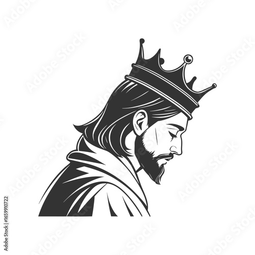 Monochrome depiction of a king with a crown looking down in contemplation