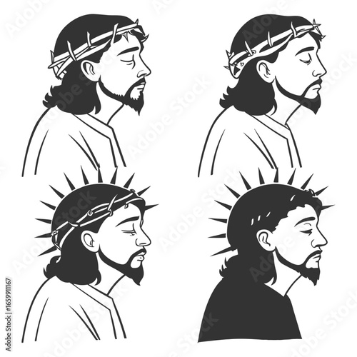 Jesus Christ with Crown of Thorns Vector Illustrations Set in Black and White