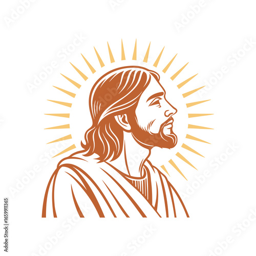 Illustration of Jesus Christ with Halo Looking Upward in Profile